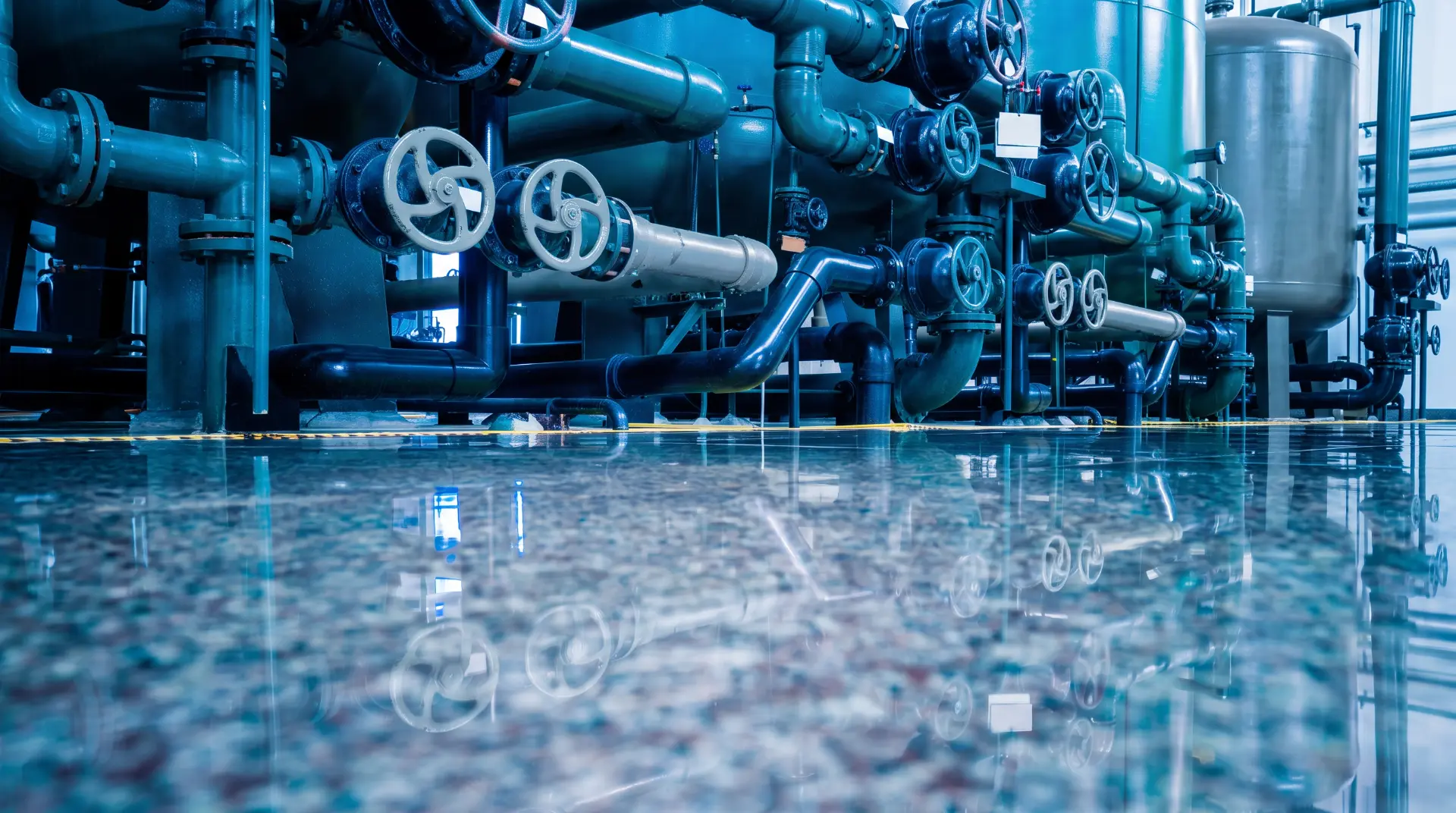 Industrial pipes and valves in a pumping station