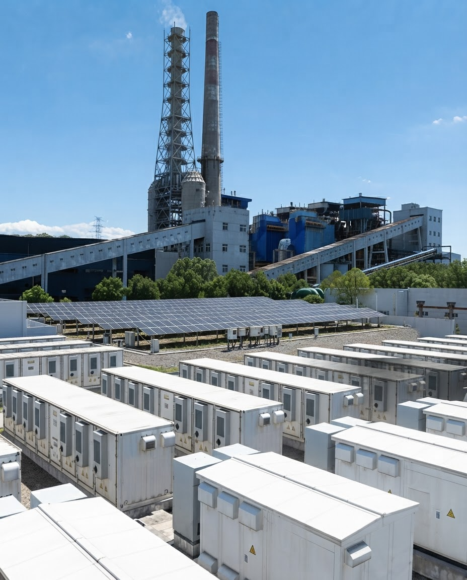 Battery storage containers and solar panels at a power plant
